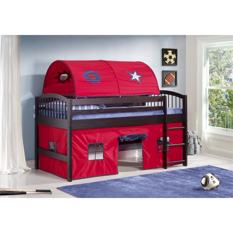 Addison Espresso Junior Loft Bed Red Tent and Playhouse with Blue Trim-Espresso