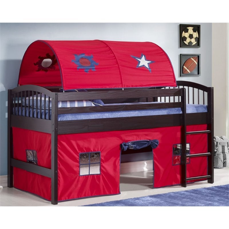 Addison Espresso Junior Loft Bed Red Tent and Playhouse with Blue Trim-Espresso