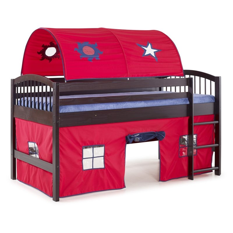 Addison Espresso Junior Loft Bed Red Tent and Playhouse with Blue Trim-Espresso