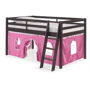 roxy twin wood junior loft bed with espresso with pink and white bottom tent