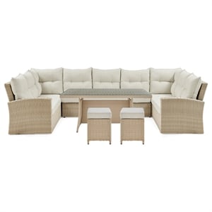 canaan all-weather tan wicker outdoor sofa and 2 loveseats w/ table and 2 stools