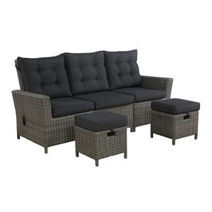 asti wicker / rattan 3-piece set with reclining sofa and two ottomans in gray