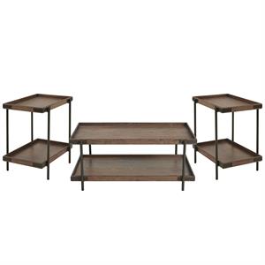 kyra 3-piece oak and metal living room set with two side tables and coffee table