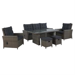asti wicker / rattan 6 piece set with sofa two chairs ottomans and table in gray
