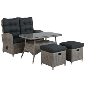 monaco wicker / rattan set with bench cocktail table and two ottomans in gray