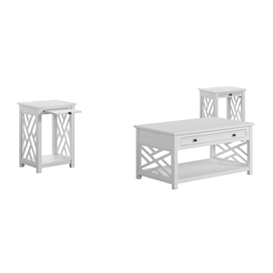 coventry wood coffee table and two end tables with tray shelf - white