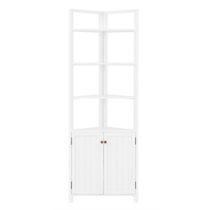 dover white wood corner storage cabinet with 2 doors and open shelving