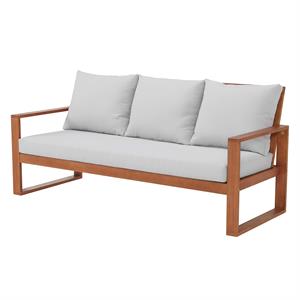 grafton eucalyptus 3-seat outdoor bench with gray cushions