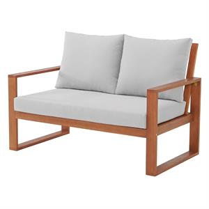 grafton eucalyptus 2-seat outdoor bench with gray cushions