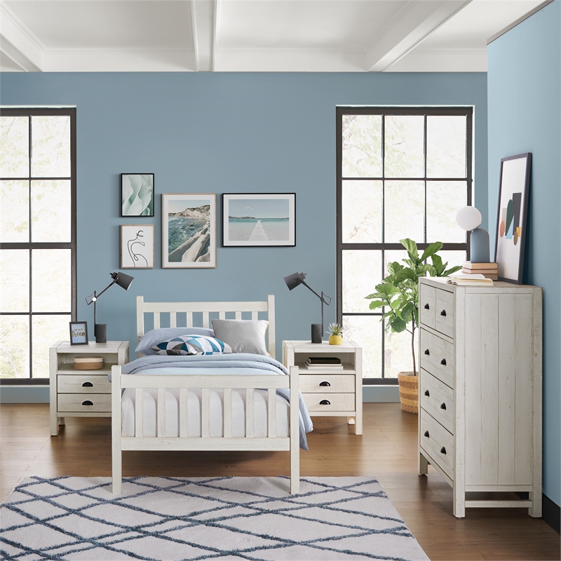 Windsor 4-Piece Bedroom Set with Slat Twin Bed 2 Nightstands and Chest - White
