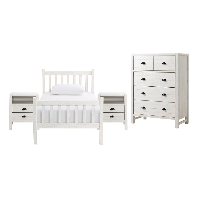 Windsor 4-Piece Bedroom Set with Slat Twin Bed 2 Nightstands and Chest - White
