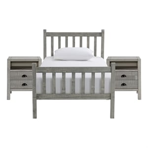 windsor 3-piece wood bedroom set with slat twin bed and 2 nightstands - gray
