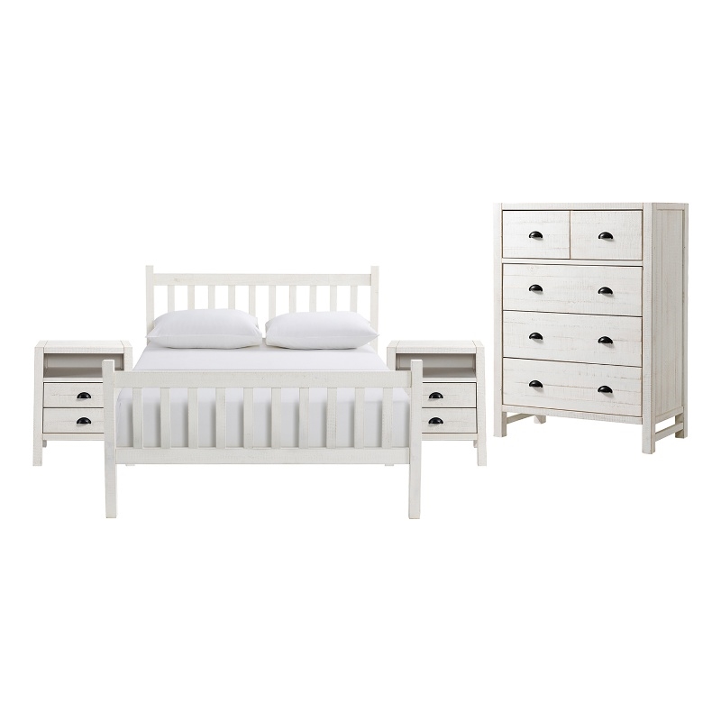 Windsor 4-Piece Bedroom Set with Slat Full Bed 2 Nightstands and Chest - White