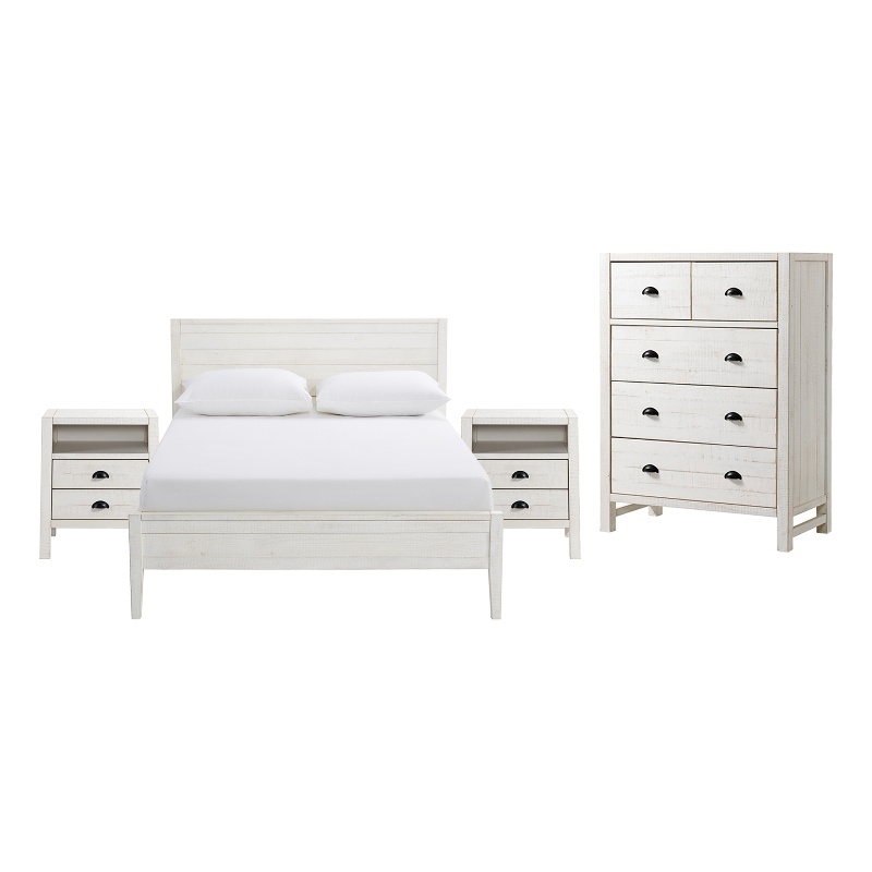 Windsor4-Piece Bedroom Set with Panel Full Bed 2 Nightstands and Chest - White