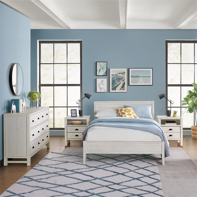 Windsor 4-Piece White Wood Panel Full Bed 2 Nightstands and 6-Drawer Dresser