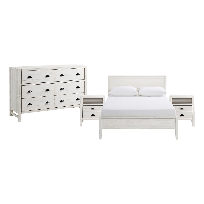 Windsor 4-Piece White Wood Panel Full Bed 2 Nightstands and 6-Drawer Dresser