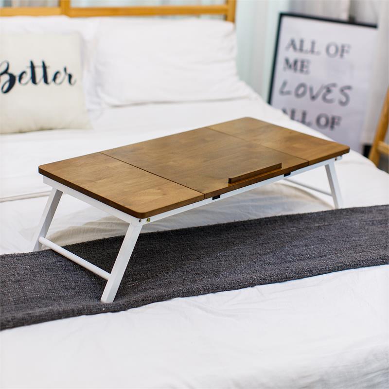 Lada Foldable Laptop Tray with Acacia Top and White Legs in Beige and White