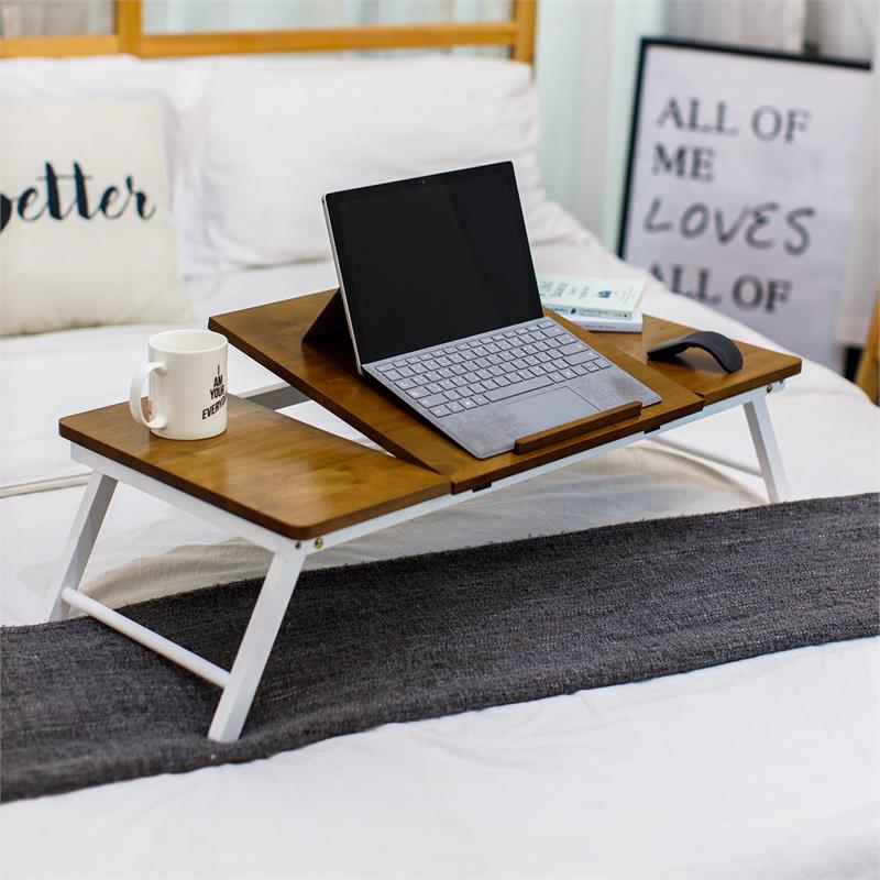 Lada Foldable Laptop Tray with Acacia Top and White Legs in Beige and White