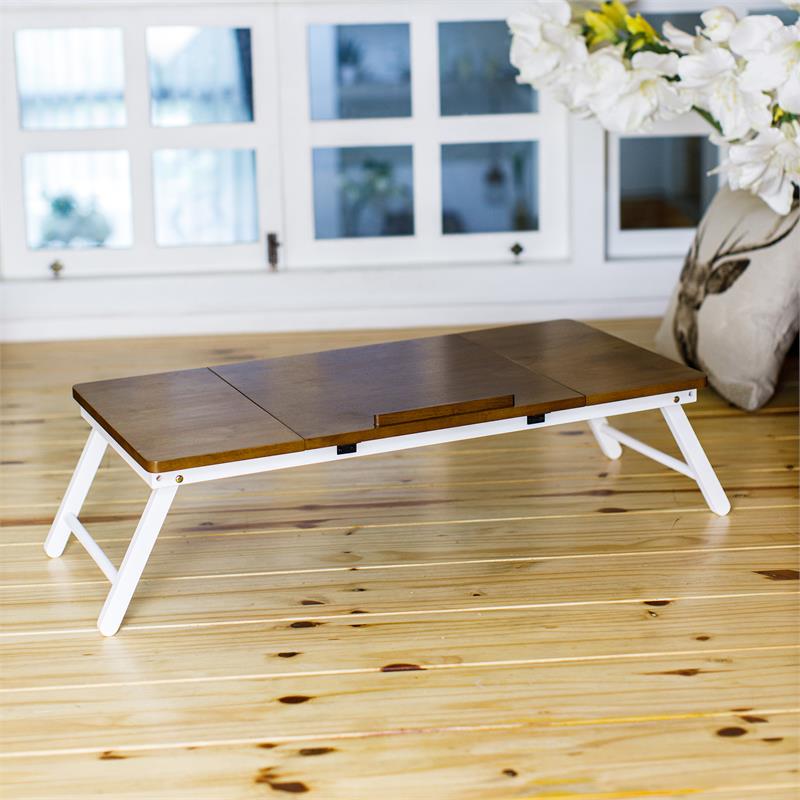 Lada Foldable Laptop Tray with Acacia Top and White Legs in Beige and White