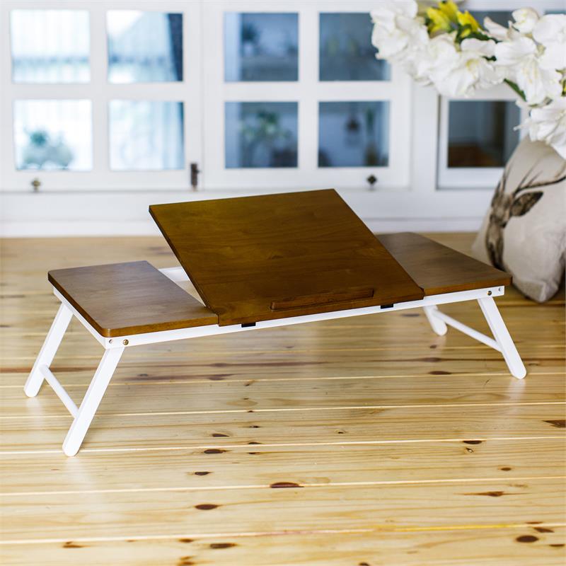 Lada Foldable Laptop Tray with Acacia Top and White Legs in Beige and White