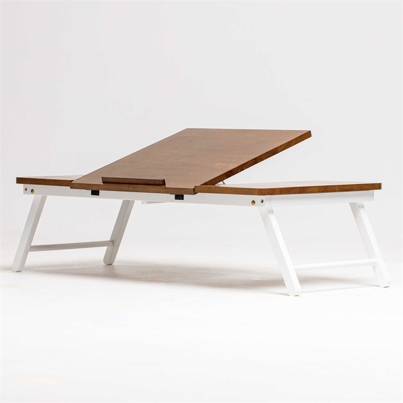 Lada Foldable Laptop Tray with Acacia Top and White Legs in Beige and White
