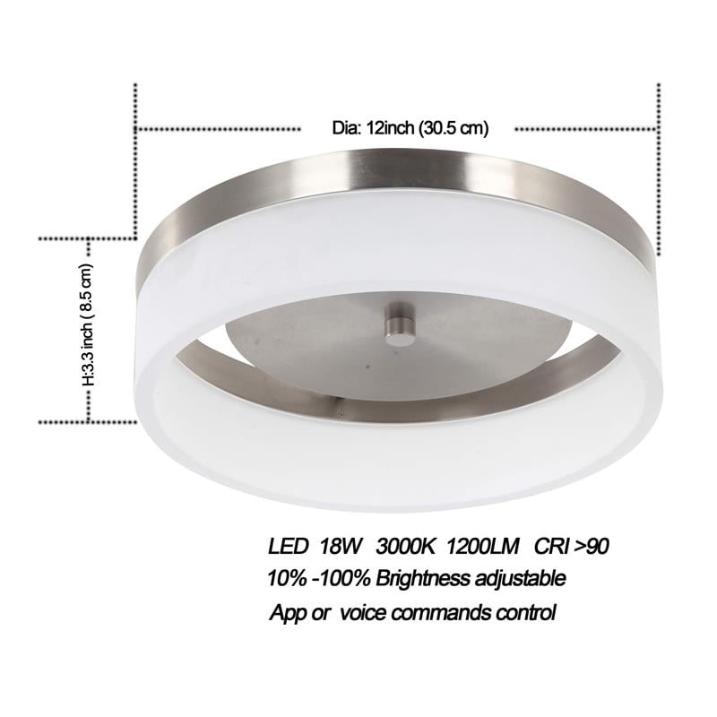 12 in. 1-Light Satin Nickel Finish Smart LED Ceiling Light Flush Mount