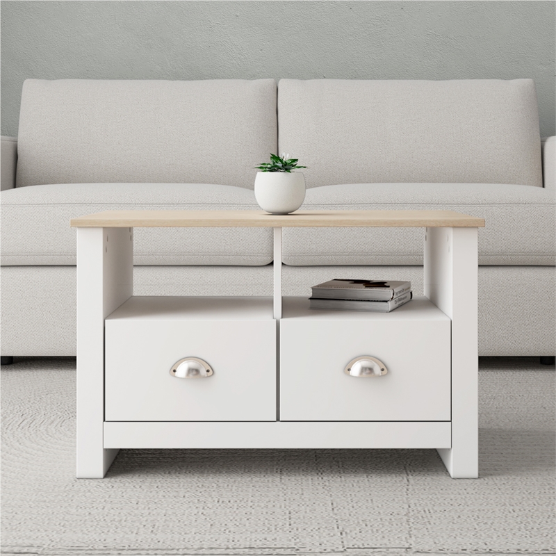 31 in. White and Natural Oak Rectangle Wood Coffee Table with 2 Drawers