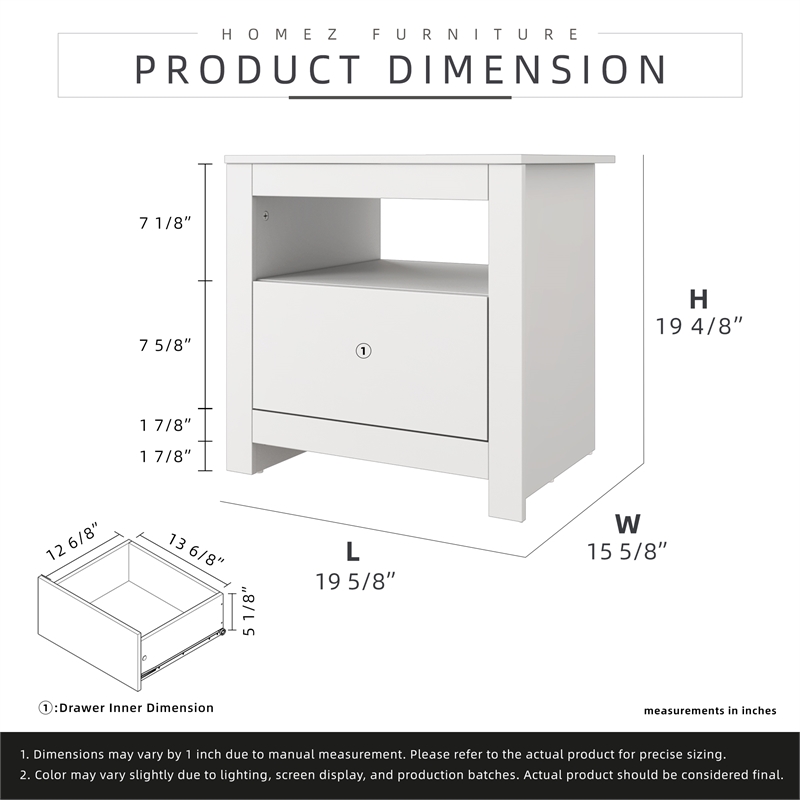 22.4 in. White Rectangle Wood End Table with 1 Drawer