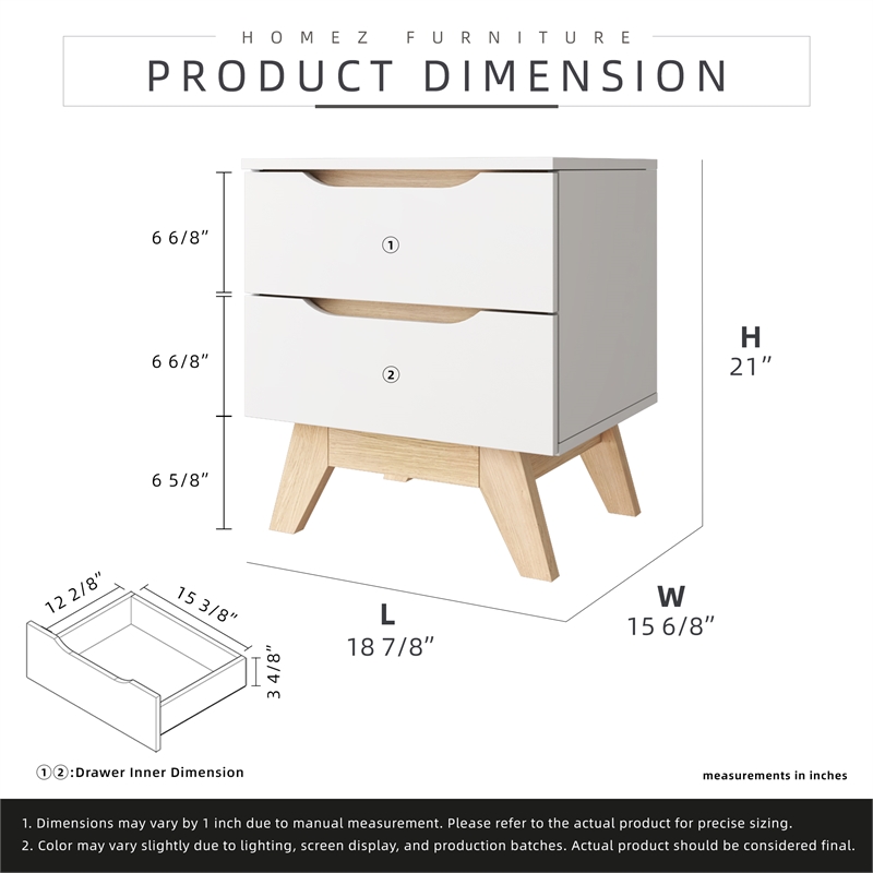 18.89 in. White and Natural Oak Rectangle Wood End Table with 2 Drawers