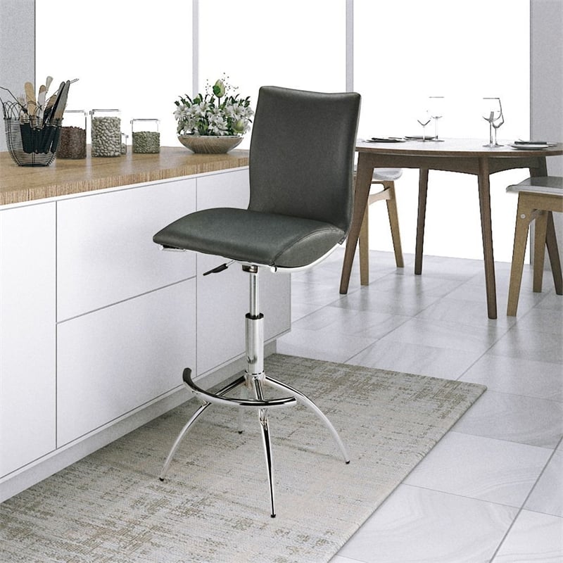 Contemporary Faux Leather Adjustable Bar Stool in Gray (Set of 2)