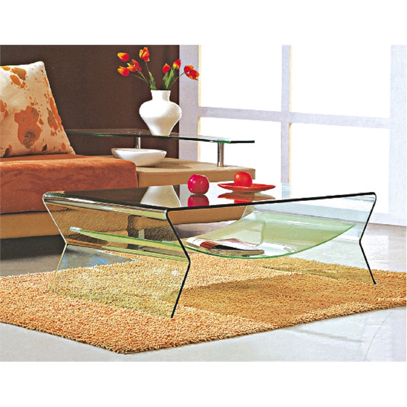 Creative Images Clear Tempered Glass Bent Coffee Table with Frosted Glass Shelf