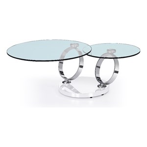 Motion glass top Coffee Table with Stainless Steel Rings and White base
