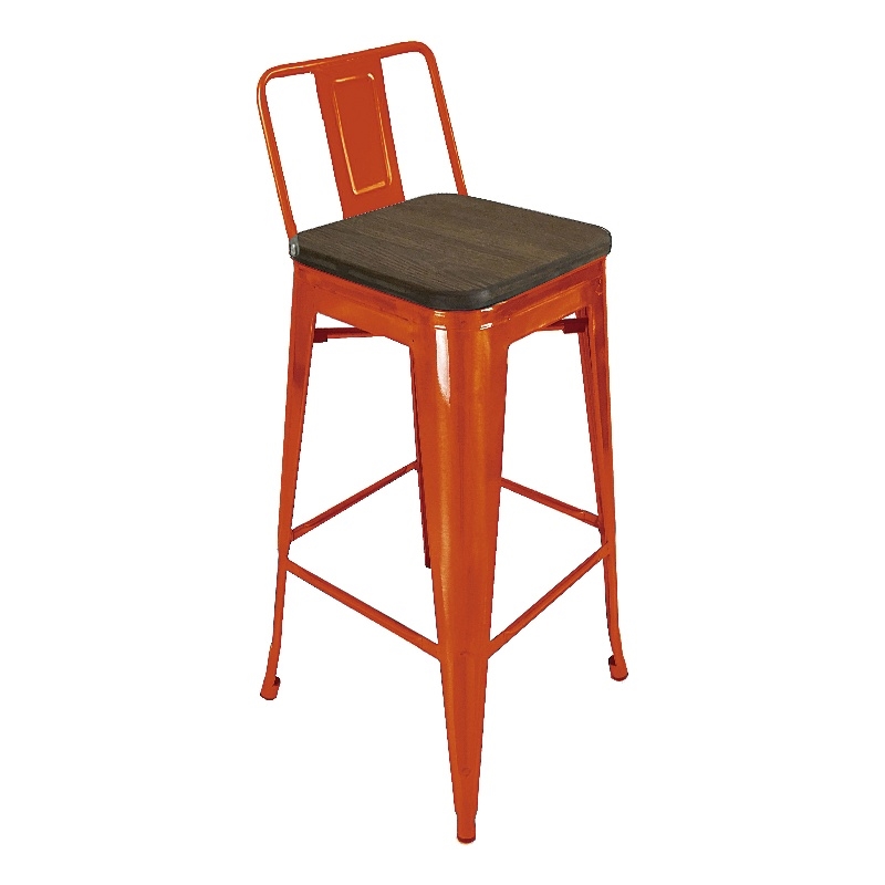 Metal Bar Stool with Backrest and Wood Seat top in Orange (Set of 4)