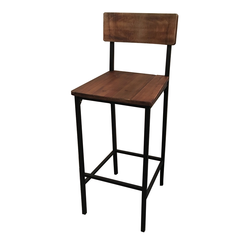 Bar Stool with Reclaimed Natural Wood Seat & Back (Set of 2)
