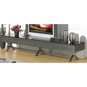 tv stand with black glass top and gray mirror drawers and chrome legs