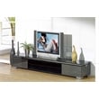 TV Stand with black glass top and gray mirror drawers and shelf