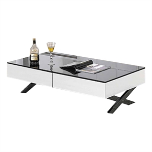 Coffee Table with Black glass top and White Mirror drawers