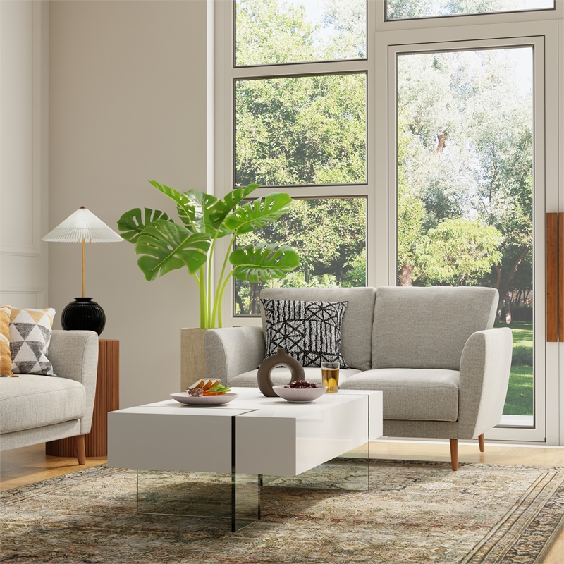 Coffee Table with White Lacquer Wood Top and 15mm thick Glass Legs