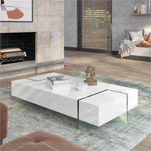Coffee Table with White Lacquer Wood Top and 15mm thick Glass Legs
