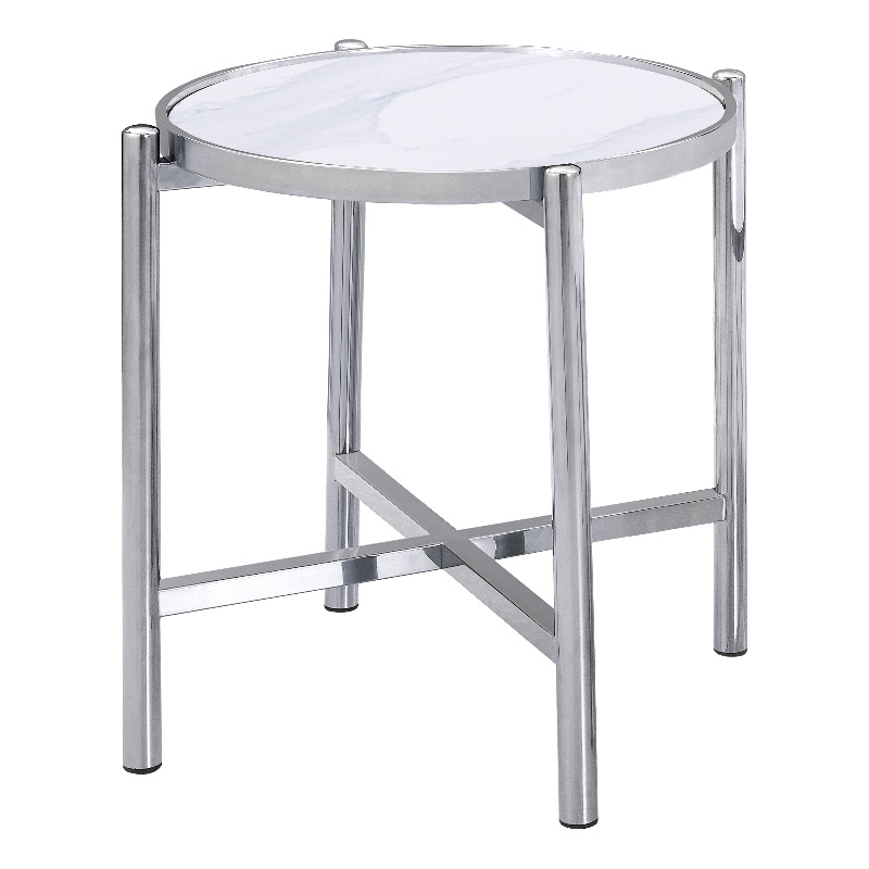End Table Silver Stainless Steel Base and Ceramic Top