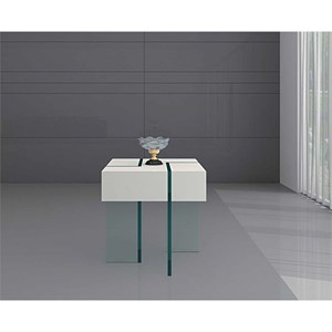 White Wood Lacquer Finish End Table with 19mm Tampered Glass Base
