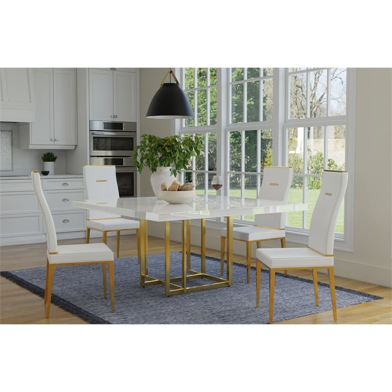 White Square Dining table with Wood Lacquer/Glass top and Gold Base