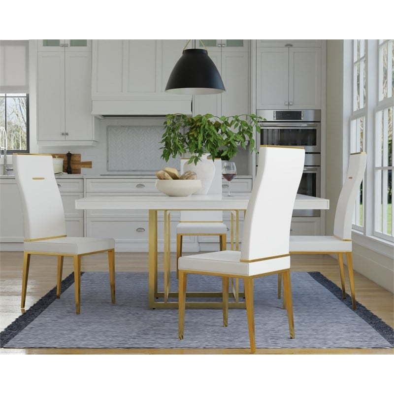 White Square Dining table with Wood Lacquer/Glass top and Gold Base