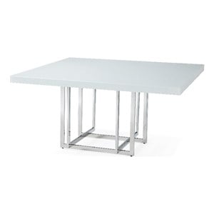 Square Dining table with White Wood Lacquer. Glass and Stainless Steel Base