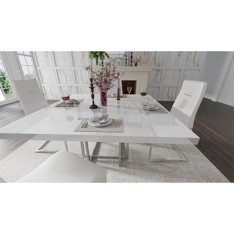 Square Dining table with White Wood Lacquer. Glass and Stainless Steel Base