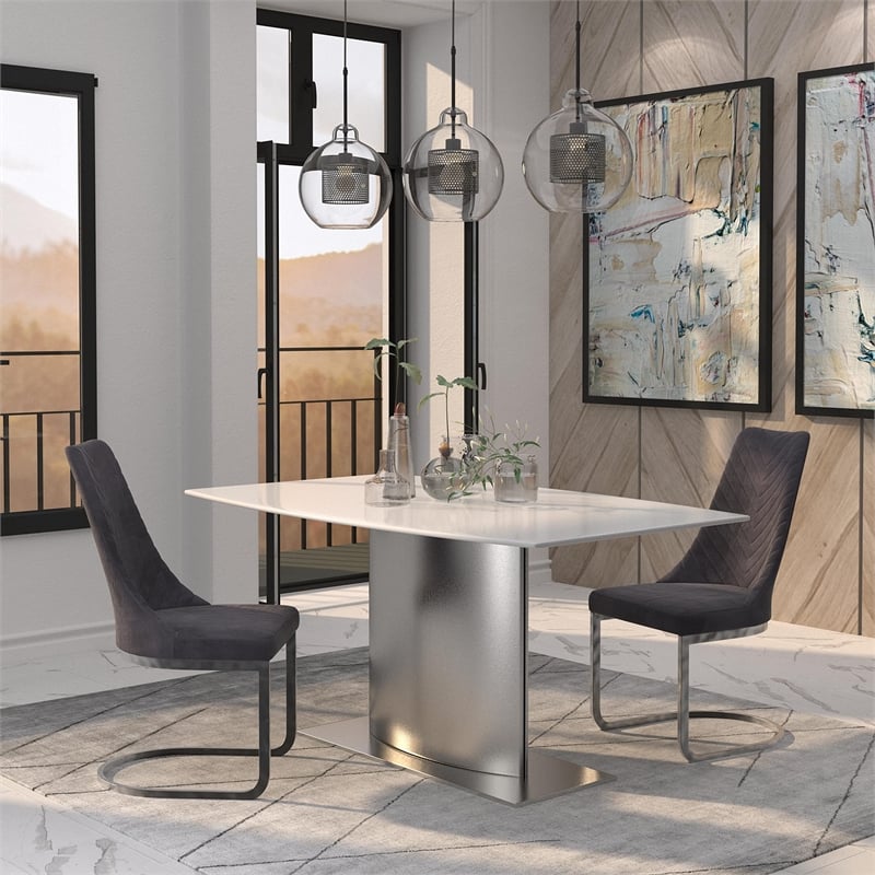 White and Gray Marble Table with Stainless Steel Base