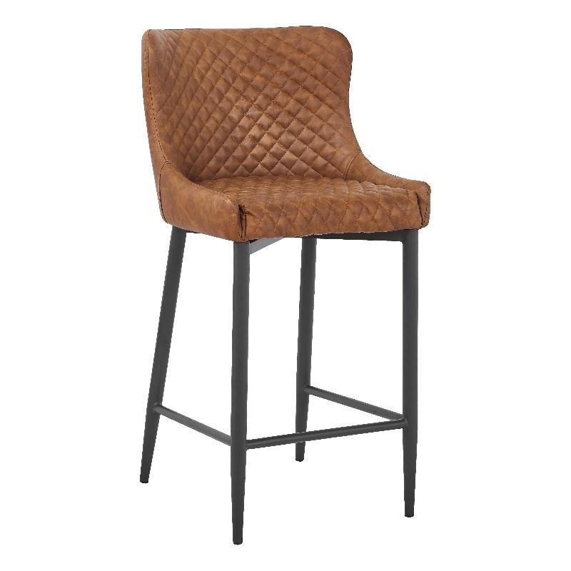 Upholstered Stool with Tufted Polyurethane Seat in Cognac Brown (Set of 2)