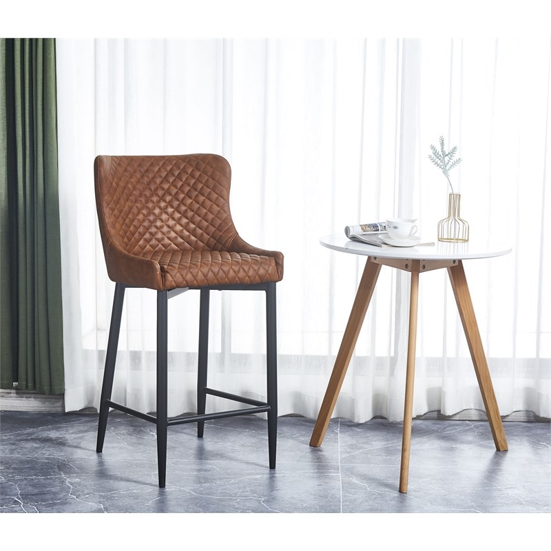 Upholstered Stool with Tufted Polyurethane Seat in Cognac Brown (Set of 2)