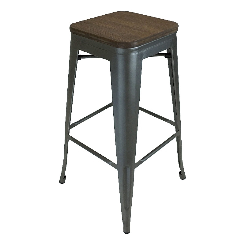 Metal Stool Gunmetal with Wood Seat Set of 4