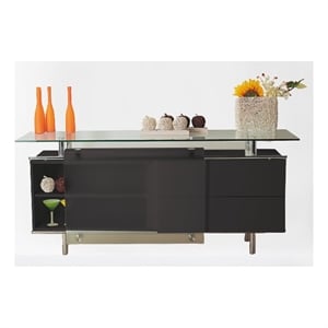 black lacquer finish wood buffet with frosted sling glass door